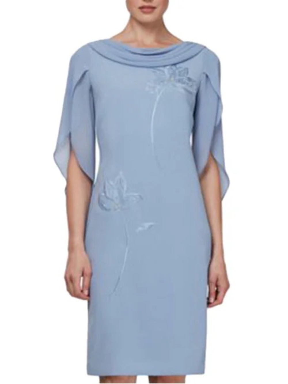 New SLNY Periwinkle Draped Neck Sheer Sleeves Embroidered Beaded Floral Dress